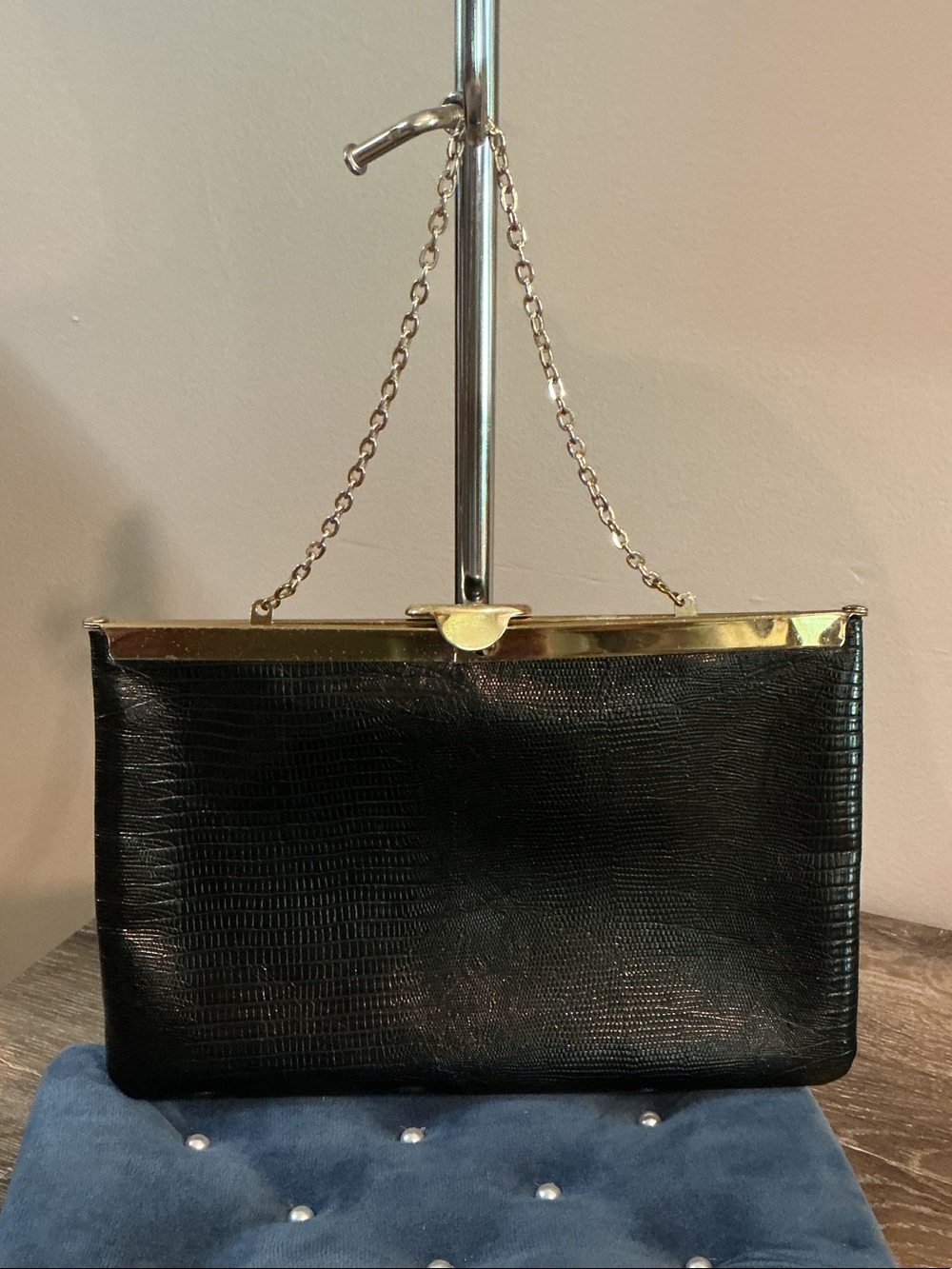Etra Vintage Black Leather Clutch Bag Gold Frame Chain Strap Hinged Clasp